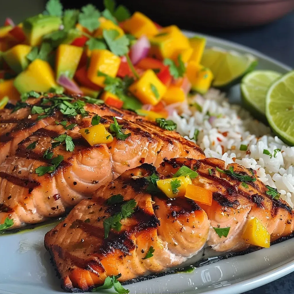 Close-up of grilled salmon fillet topped with vibrant mango salsa and served with coconut rice.