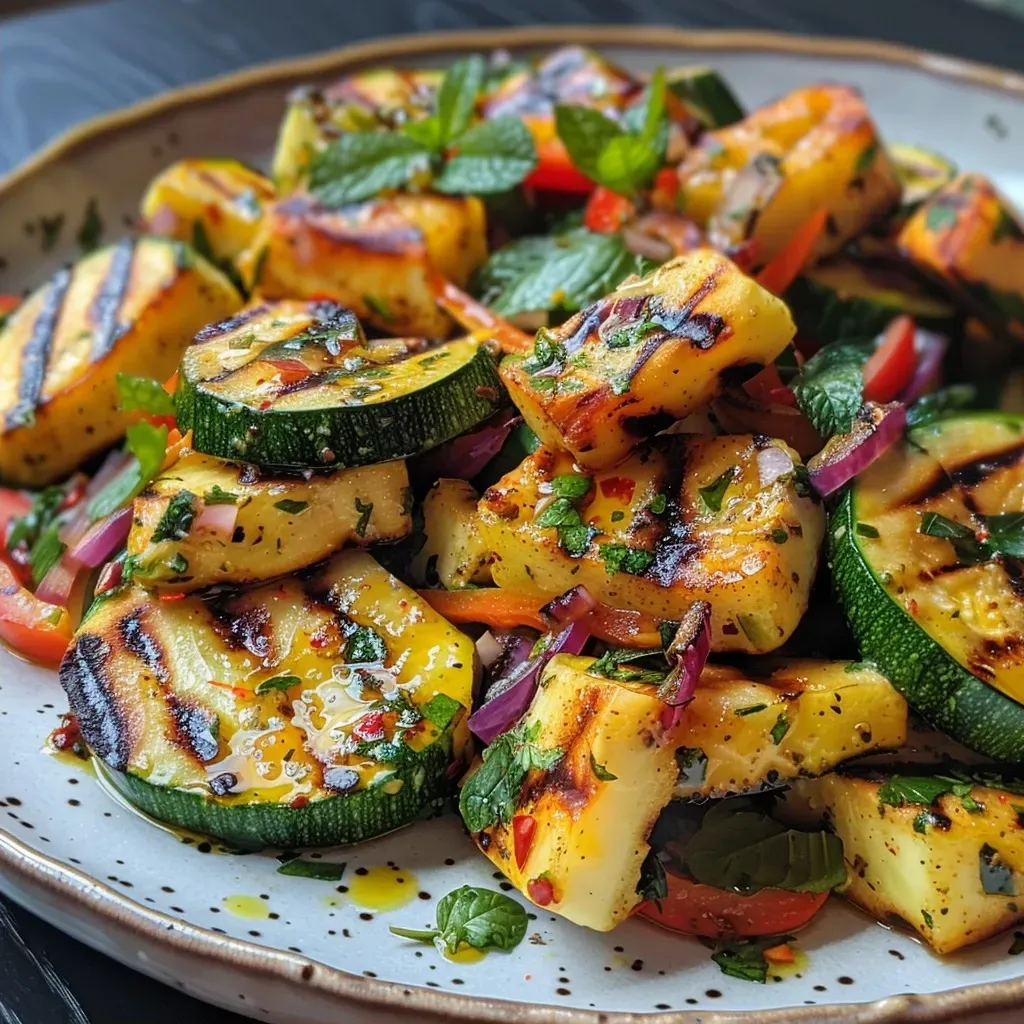 Close-up view of a grilled zucchini salad with halloumi cheese.