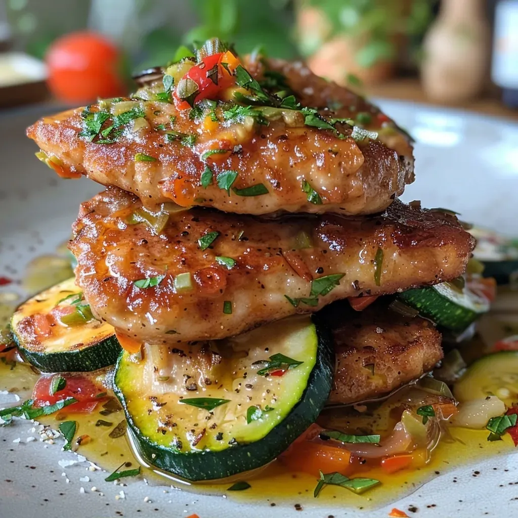 Close-up view of a colorful Gemüsepfanne with chicken, showcasing vegetables and juicy chicken pieces.