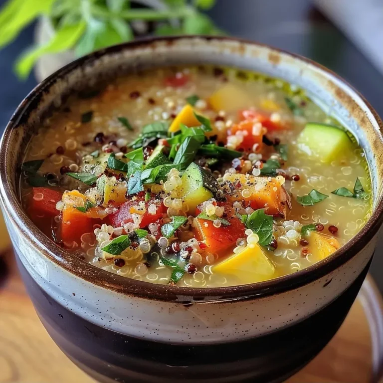 ['A close-up view of a vibrant vegetable soup with quinoa, featuring colorful diced vegetables.', 'A rich bowl of quinoa vegetable soup, showcasing a variety of fresh vegetables in a broth.', 'A side view of delicious vegetable soup with quinoa, highlighting the ingredients like carrots and zucchini.', 'A detailed shot of nutritious quinoa soup, with visible herbs and spices garnishing the dish.']