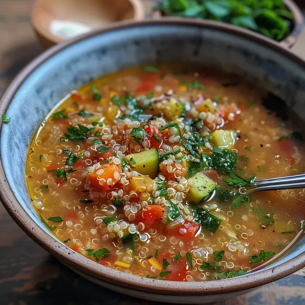 A close-up view of a vibrant vegetable soup with quinoa, featuring colorful diced vegetables.
