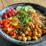 ['Close-up of a colorful roasted chickpea and vegetable bowl, featuring sweet potatoes, broccoli, and bell peppers.', 'Vibrant bowl filled with roasted chickpeas, assorted vegetables, and garnished with fresh herbs.', 'Side view of a hearty chickpea and vegetable bowl, showcasing various ingredients like zucchini and red onion.', 'Flavorful roasted chickpeas and vegetables arranged in a bowl, with a drizzle of tahini and lemon juice.']