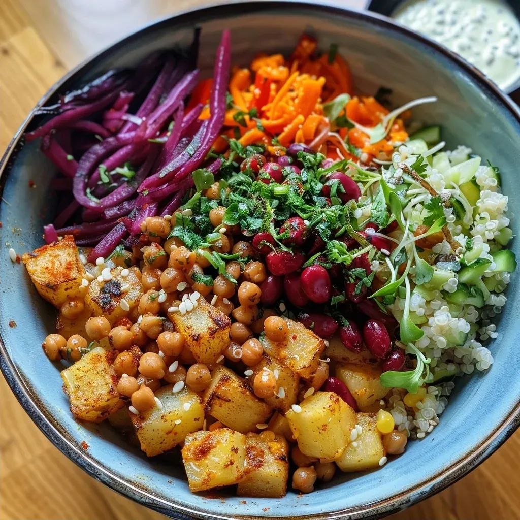 Close-up of a colorful roasted chickpea and vegetable bowl, featuring sweet potatoes, broccoli, and bell peppers.