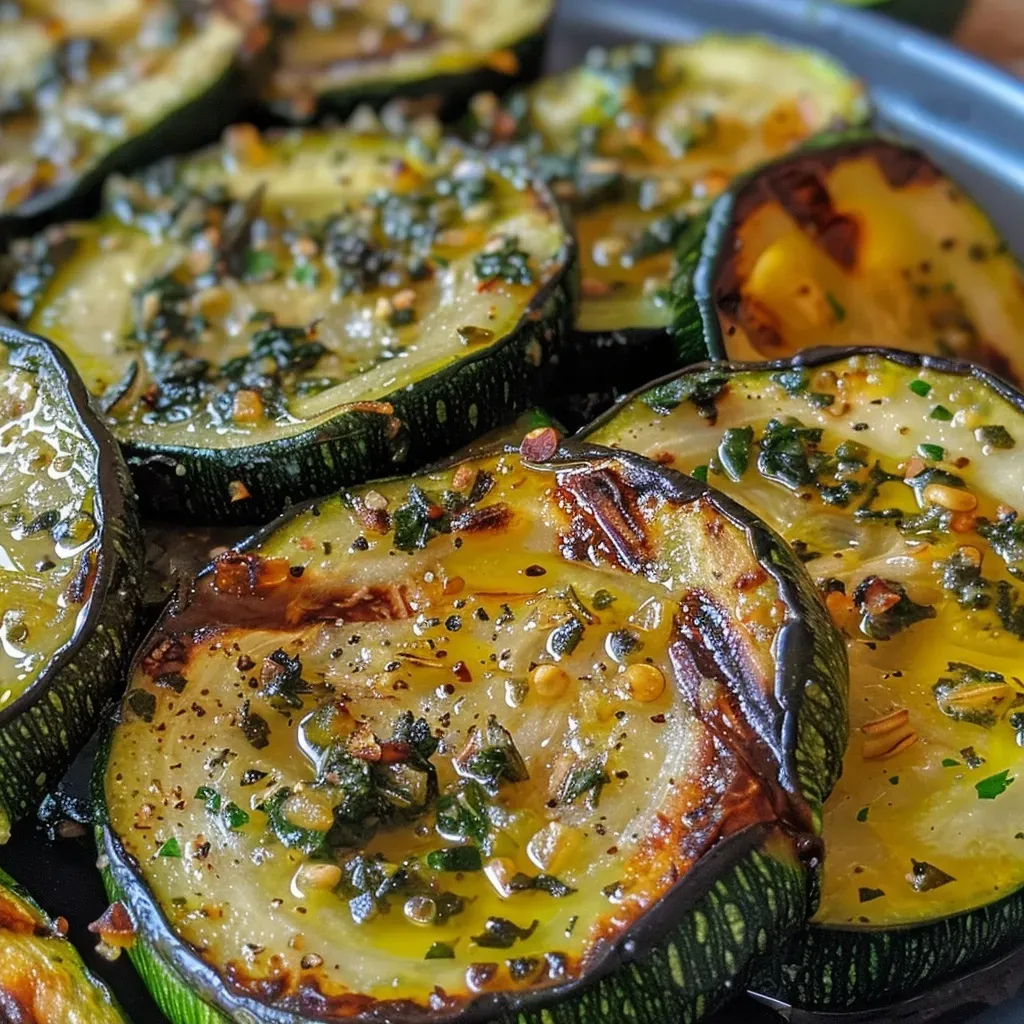 ['Side view of roasted zucchini garnished with herbs and Parmesan.', 'Close-up of juicy roasted zucchini slices with a sprinkle of spices.', 'Appetizing roasted zucchini drizzled with olive oil and fresh herbs.', 'Golden-brown roasted zucchini served on a plate, showcasing texture.']
