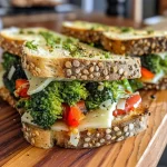 ['A delicious roasted broccoli grilled cheese sandwich with melted cheeses, side view.', 'Close-up of a grilled cheese sandwich filled with roasted broccoli and red peppers.', 'Juicy slice of grilled cheese showcasing broccoli, melted cheddar, and ciabatta bread.', 'Crusty ciabatta sandwich with roasted broccoli and vibrant red pepper, side view.']