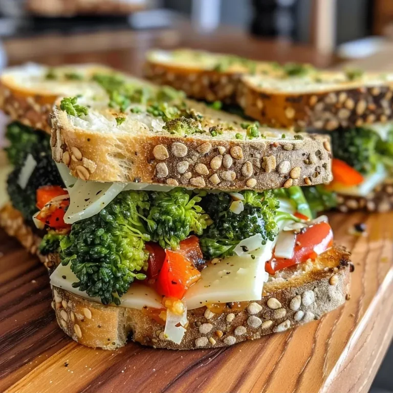 ['A delicious roasted broccoli grilled cheese sandwich with melted cheeses, side view.', 'Close-up of a grilled cheese sandwich filled with roasted broccoli and red peppers.', 'Juicy slice of grilled cheese showcasing broccoli, melted cheddar, and ciabatta bread.', 'Crusty ciabatta sandwich with roasted broccoli and vibrant red pepper, side view.']