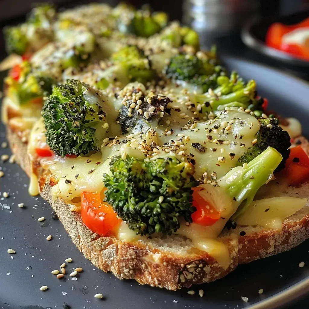 ['A delicious roasted broccoli grilled cheese sandwich with melted cheeses, side view.', 'Close-up of a grilled cheese sandwich filled with roasted broccoli and red peppers.', 'Juicy slice of grilled cheese showcasing broccoli, melted cheddar, and ciabatta bread.', 'Crusty ciabatta sandwich with roasted broccoli and vibrant red pepper, side view.']