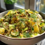 ['Close-up of roasted potato salad featuring quartered gold potatoes, green onions, and cucumbers.', 'Side view of a vibrant roasted potato salad with chopped pistachios, fresh herbs, and creamy dressing.', 'Detailed shot of a delicious potato salad, highlighting the texture of roasted potatoes and colorful vegetables.', 'Close-up view showcasing roasted potatoes mixed with fresh dill, parsley, and topped with a creamy dressing.']