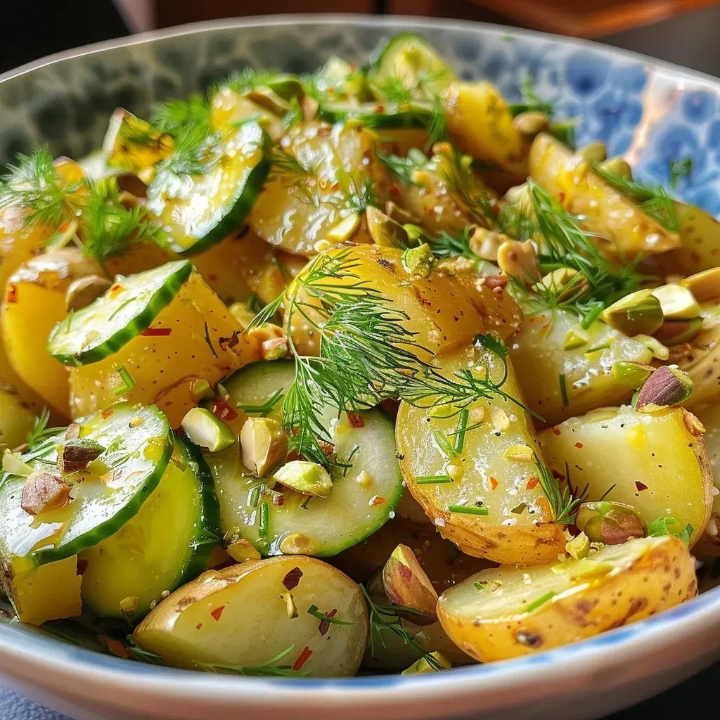 ['Close-up of roasted potato salad featuring quartered gold potatoes, green onions, and cucumbers.', 'Side view of a vibrant roasted potato salad with chopped pistachios, fresh herbs, and creamy dressing.', 'Detailed shot of a delicious potato salad, highlighting the texture of roasted potatoes and colorful vegetables.', 'Close-up view showcasing roasted potatoes mixed with fresh dill, parsley, and topped with a creamy dressing.']