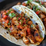 ['Close-up of juicy crockpot chicken tacos garnished with fresh ingredients.', 'Side view of shredded chicken tacos made in a slow cooker, topped with salsa.', 'Delicious healthy taco filled with tender chicken and vibrant toppings.', 'Appetizing close-up of crockpot chicken tacos served on a plate.']