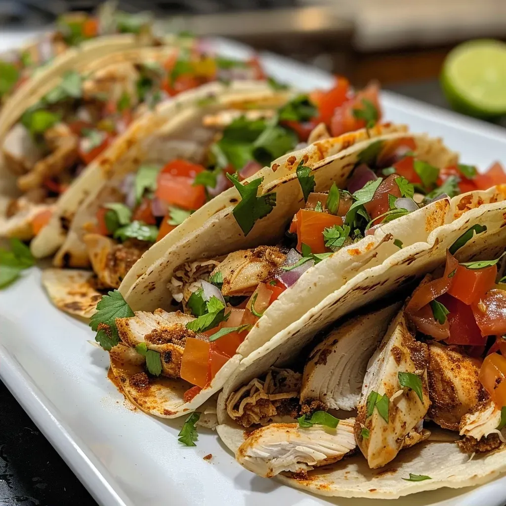 ['Close-up of juicy crockpot chicken tacos garnished with fresh ingredients.', 'Side view of shredded chicken tacos made in a slow cooker, topped with salsa.', 'Delicious healthy taco filled with tender chicken and vibrant toppings.', 'Appetizing close-up of crockpot chicken tacos served on a plate.']