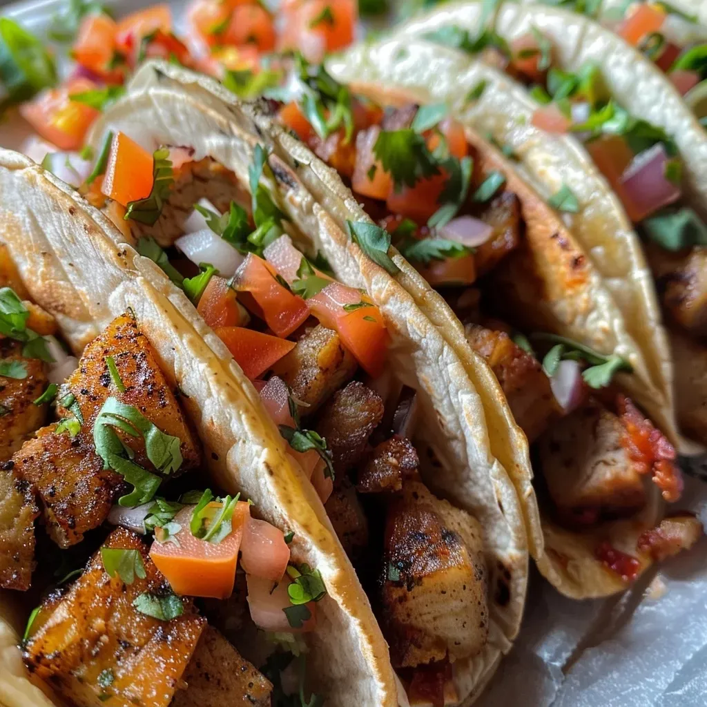 ['Close-up view of healthy chicken tacos with fresh toppings.', 'A side view of juicy chicken tacos filled with vegetables.', 'Deliciously assembled chicken tacos on a plate.', 'Vibrant chicken tacos with colorful ingredients, captured in detail.']