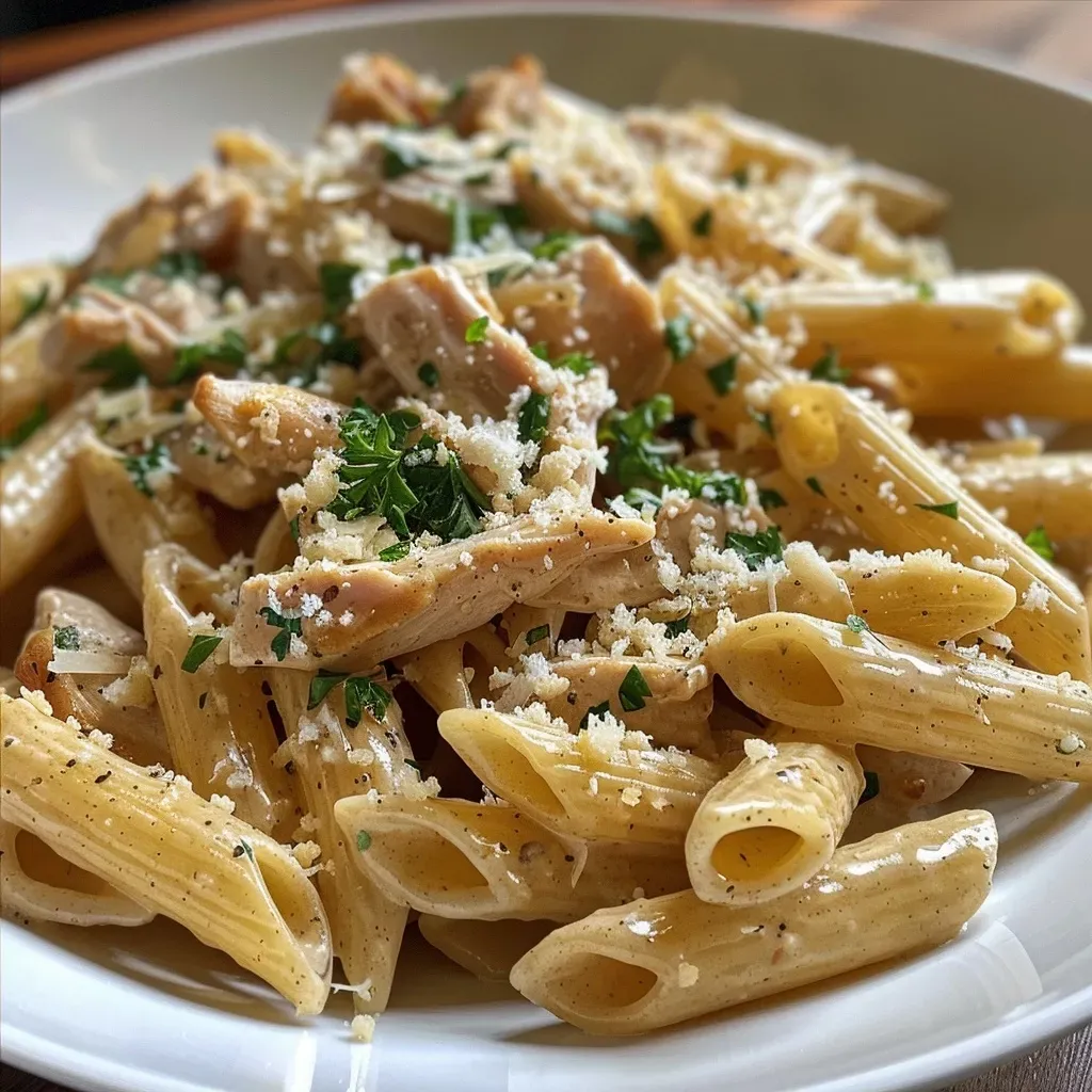 ['Close-up of a plate of Healthy Garlic Parmesan Chicken Pasta, showcasing cubed chicken and greens.', 'Side view of a vibrant bowl of garlic parmesan pasta with spinach and grated cheese.', 'Juicy chicken pasta dish with whole wheat penne, garlic, and fresh parsley garnish.', 'Delicious creamy garlic parmesan chicken pasta highlighting the ingredients and textures.']