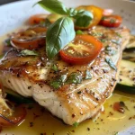 ['Close-up of a healthy salmon dish with zucchini and cherry tomatoes.', 'Side view of Gesunde Lachspfanne featuring fresh vegetables and salmon.', 'Juicy salmon fillets alongside vibrant zucchini and tomatoes.', 'Detailed view of a colorful salmon skillet with herbs and lemon.']