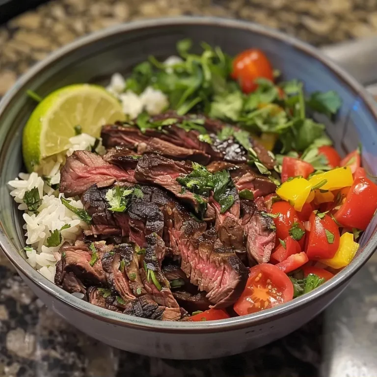['Close-up view of a vibrant steak bowl filled with leafy greens, sliced steak, and fresh vegetables.', 'Side view of a healthy steak bowl showcasing juicy steak pieces, garnished with lime slices and colorful veggies.', 'Detailed image of a steak bowl featuring grilled flank steak, drizzled with olive oil and lime juice.', 'A delicious steak bowl presented with tender steak, bright greens, and an array of fresh ingredients.']