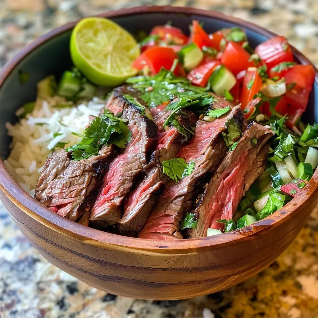 ['Close-up view of a vibrant steak bowl filled with leafy greens, sliced steak, and fresh vegetables.', 'Side view of a healthy steak bowl showcasing juicy steak pieces, garnished with lime slices and colorful veggies.', 'Detailed image of a steak bowl featuring grilled flank steak, drizzled with olive oil and lime juice.', 'A delicious steak bowl presented with tender steak, bright greens, and an array of fresh ingredients.']