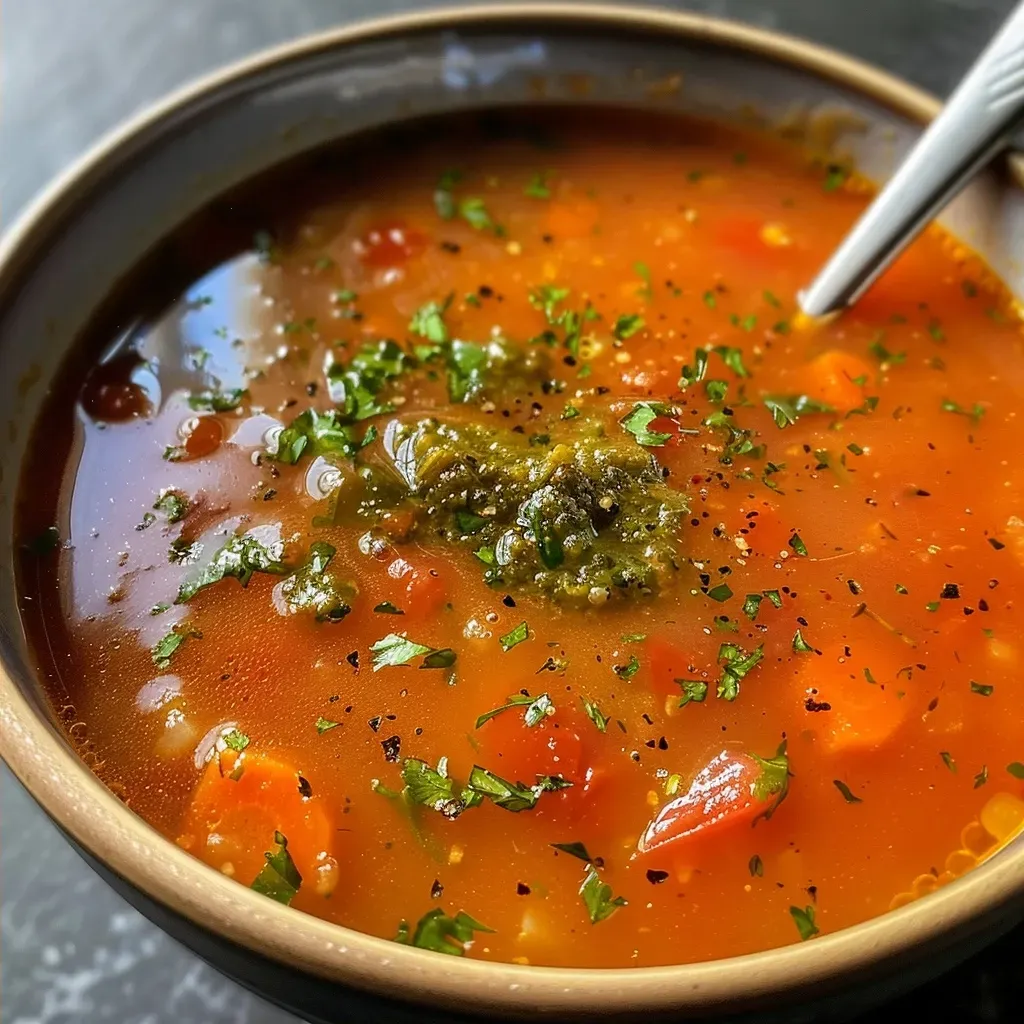 ['A vibrant bowl of healthy tomato soup with protein, showcasing a rich red color and garnished with herbs.', 'Close-up view of a creamy tomato soup featuring chunks of vegetables and a dollop of cottage cheese.', 'A side view of a steaming bowl of tomato soup, highlighting its chunky texture and fresh ingredients.', 'A colorful presentation of tomato soup with visible carrots and onions, topped with pesto and cottage cheese.']