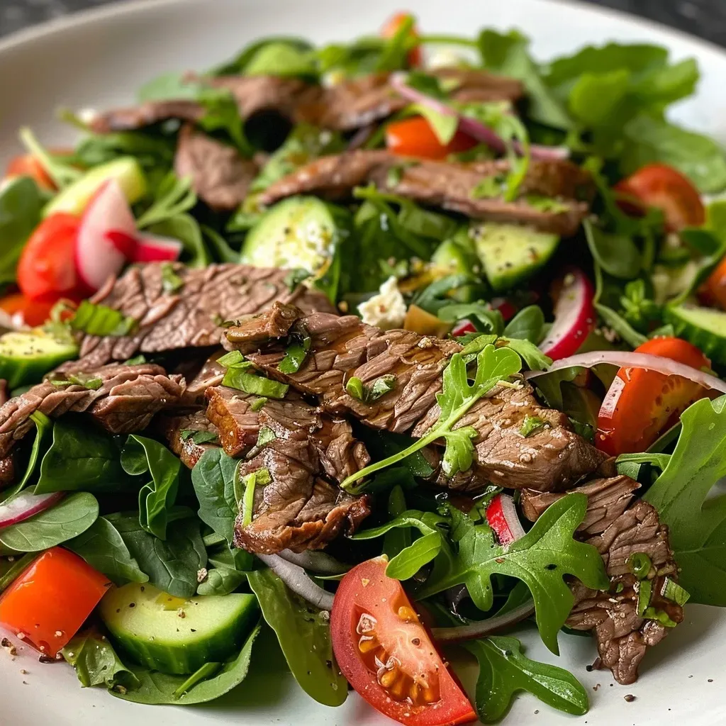 ['Close-up of a vibrant low-carb beef salad featuring lean cuts of beef and fresh vegetables.', 'Side view of a healthy beef salad with colorful ingredients like greens, tomatoes, and avocado.', 'Juicy low-carb beef salad with mixed greens, bell peppers, and a drizzle of olive oil.', 'Detailed shot of an appetizing beef salad topped with cheese and hard-boiled eggs.']