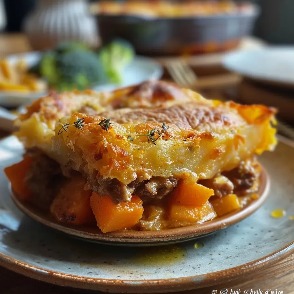 A close-up side view of a delicious Gratin de viande hachée aux pois chiches, featuring layers of ground beef and chickpeas.