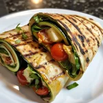 ['Close-up view of a grilled zucchini wrap with vibrant ingredients.', 'Side view of a succulent zucchini wrap filled with fresh vegetables.', 'Juicy grilled zucchini wrap showcased with cherry tomatoes and greens.', 'Detailed image of a zucchini wrap, highlighting its colorful filling.']