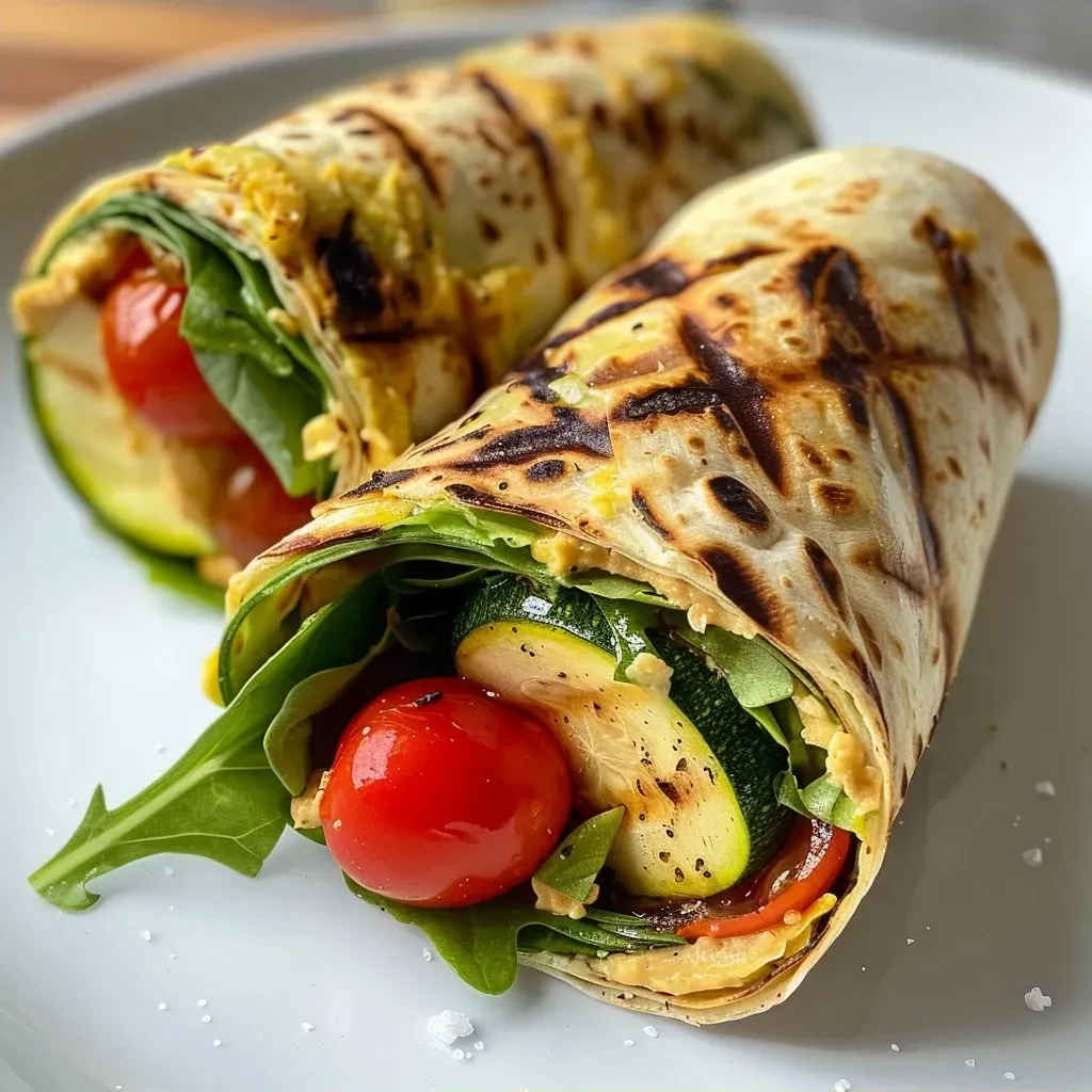 ['Close-up view of a grilled zucchini wrap with vibrant ingredients.', 'Side view of a succulent zucchini wrap filled with fresh vegetables.', 'Juicy grilled zucchini wrap showcased with cherry tomatoes and greens.', 'Detailed image of a zucchini wrap, highlighting its colorful filling.']