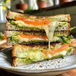 ['A side view of a grilled cheese sandwich filled with smoked salmon, melted cheese, and avocado.', 'Close-up view of a delicious grilled cheese sandwich featuring layers of cheese and salmon.', 'Juicy grilled cheese sandwich cut in half, showcasing creamy avocado and smoked salmon inside.', 'Appetizing grilled cheese sandwich with golden-brown crust and rich smoked salmon peeking out.']