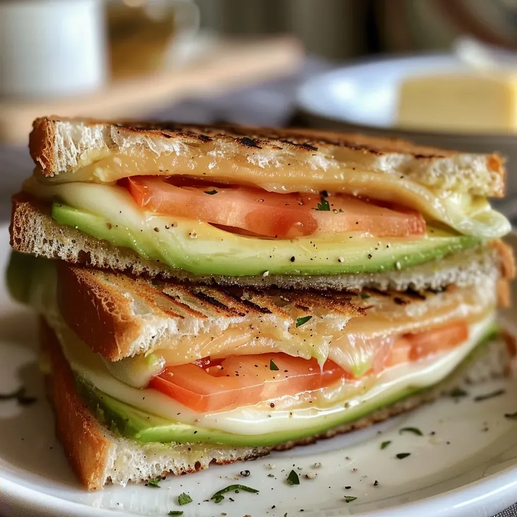 ['A side view of a grilled cheese sandwich filled with smoked salmon, melted cheese, and avocado.', 'Close-up view of a delicious grilled cheese sandwich featuring layers of cheese and salmon.', 'Juicy grilled cheese sandwich cut in half, showcasing creamy avocado and smoked salmon inside.', 'Appetizing grilled cheese sandwich with golden-brown crust and rich smoked salmon peeking out.']