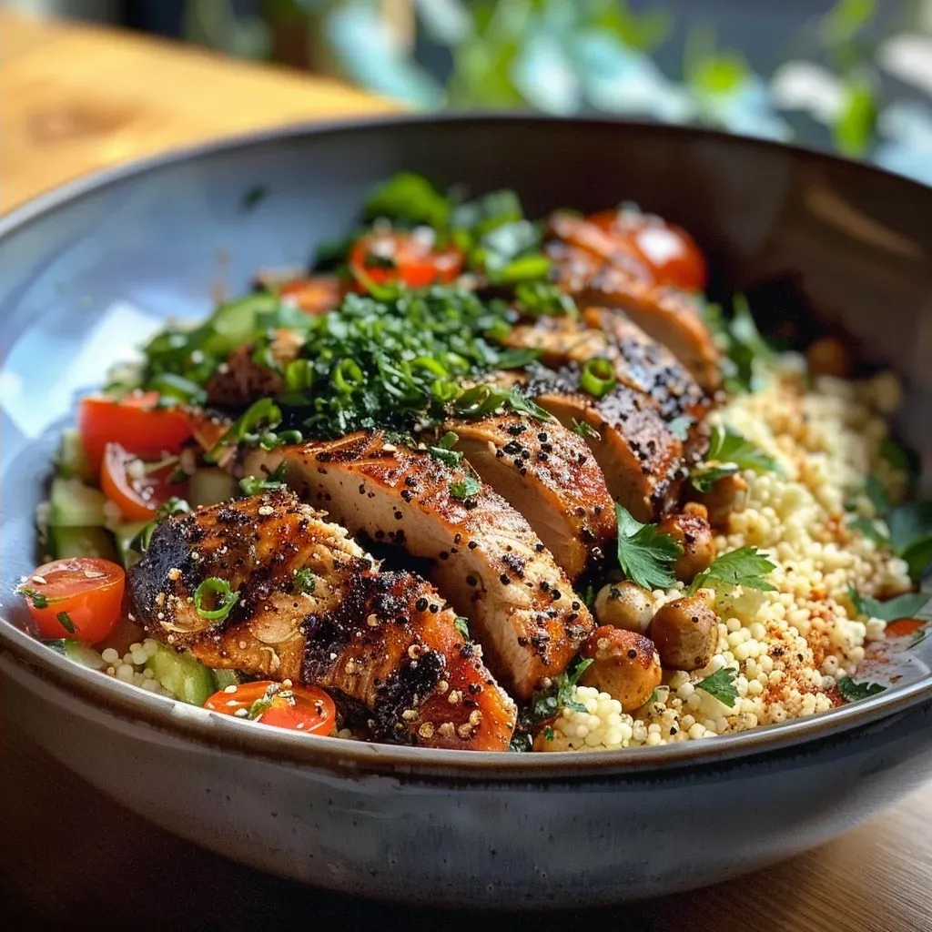 A vibrant bowl of aromatic chicken couscous topped with herbs and creamy tzatziki.