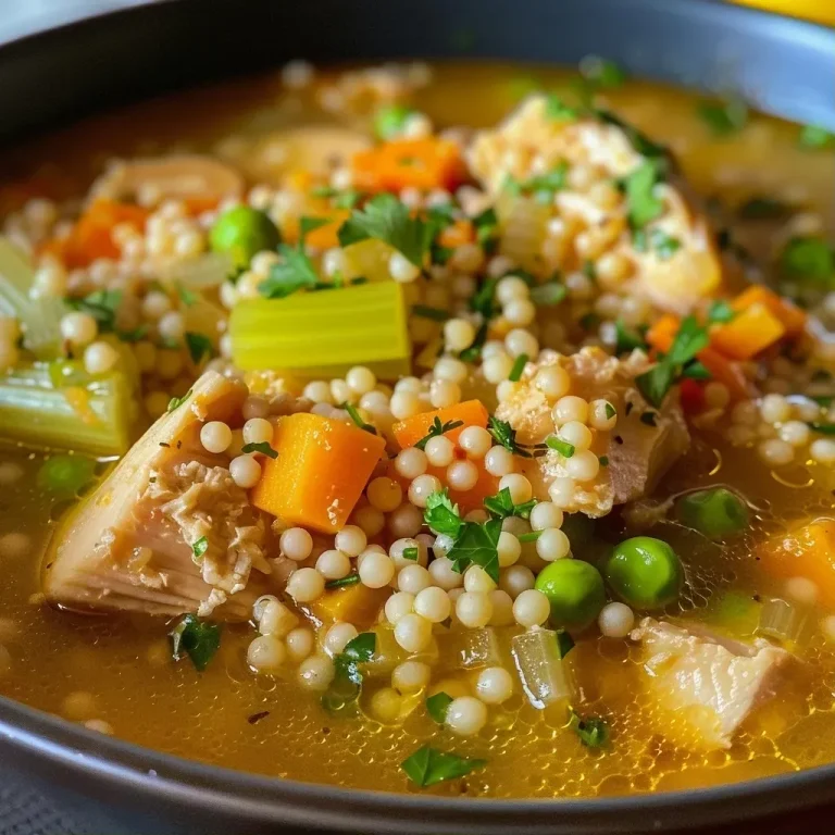 ['Close-up view of a steaming bowl of chicken couscous soup with vibrant vegetables.', 'Side view of a delicious chicken couscous soup showcasing tender chicken and colorful ingredients.', 'A rich bowl of chicken couscous soup filled with peas, carrots, and parsley, garnished for freshness.', 'Detailed capture of chicken couscous soup, highlighting the couscous and spices in a warm broth.']