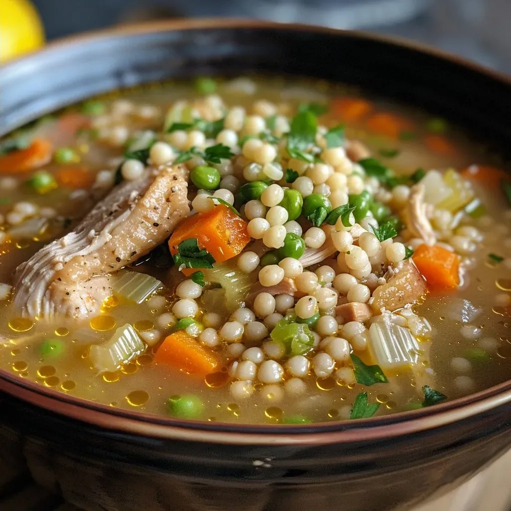 Close-up view of a steaming bowl of chicken couscous soup with vibrant vegetables.