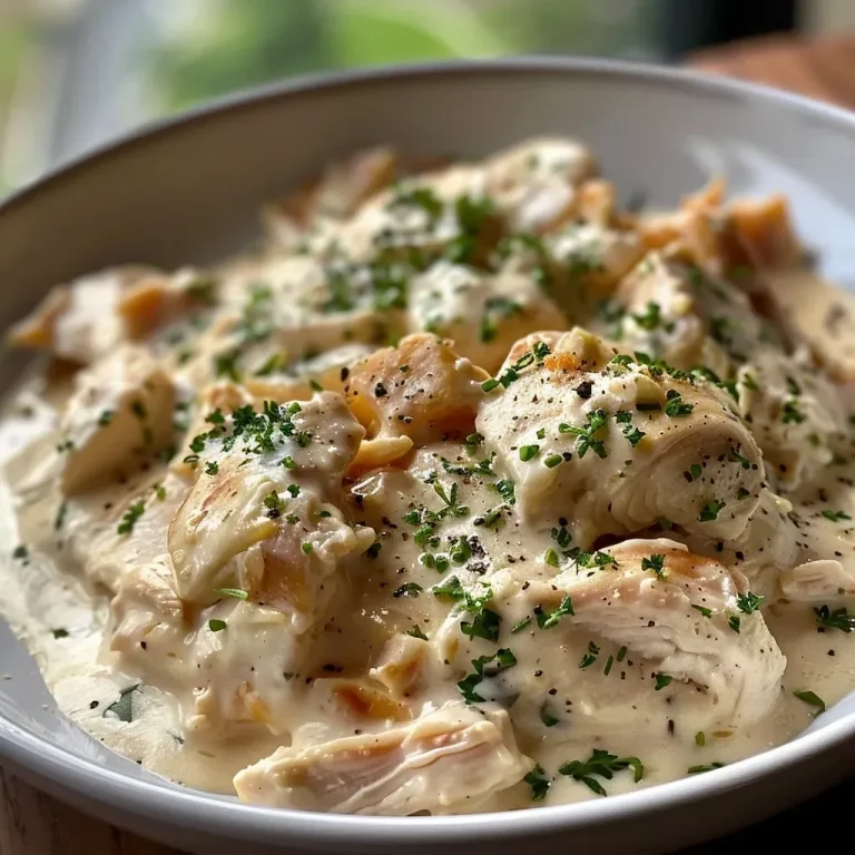 ['Close-up side view of creamy chicken dish in a bowl.', 'Juicy shredded chicken in a rich creamy sauce, garnished with parsley.', 'Creamy Hähnchen dish showcasing golden cheese and herb toppings.', 'Side view of succulent chicken bathed in creamy cheese sauce.']