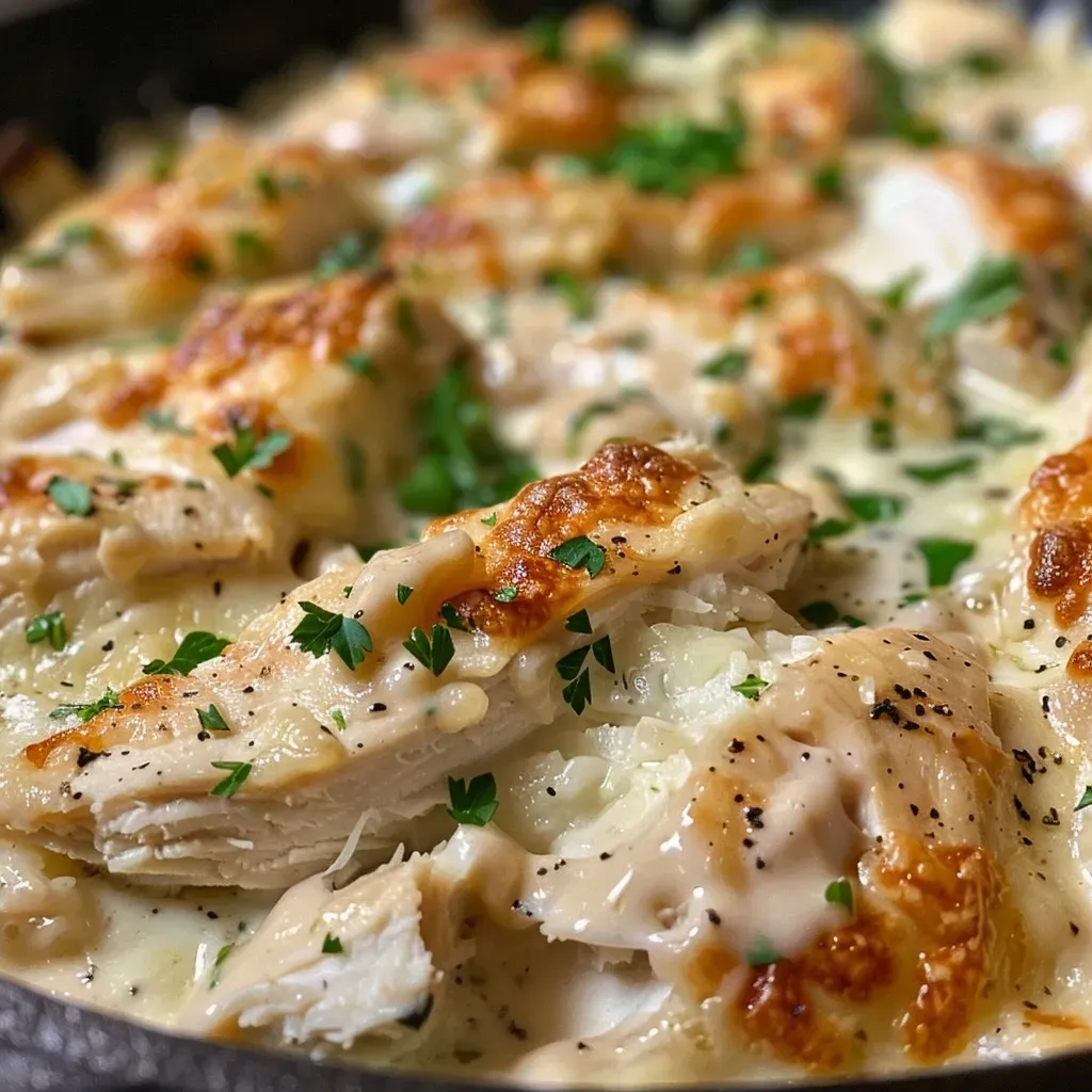 ['Close-up side view of creamy chicken dish in a bowl.', 'Juicy shredded chicken in a rich creamy sauce, garnished with parsley.', 'Creamy Hähnchen dish showcasing golden cheese and herb toppings.', 'Side view of succulent chicken bathed in creamy cheese sauce.']