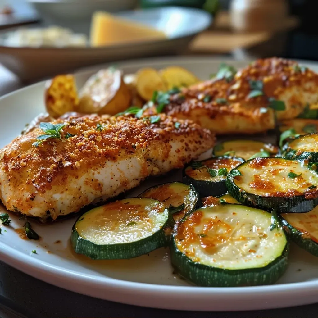 ['Close-up view of a protein-rich chicken and vegetable casserole with zucchini and quark.', 'Juicy chicken and vegetable bake featuring zucchini and a creamy quark topping.', 'Side view of a hearty chicken casserole with colorful vegetables and a cheesy crust.', 'Delicious baked chicken dish with a mix of zucchini, peppers, and quark.']