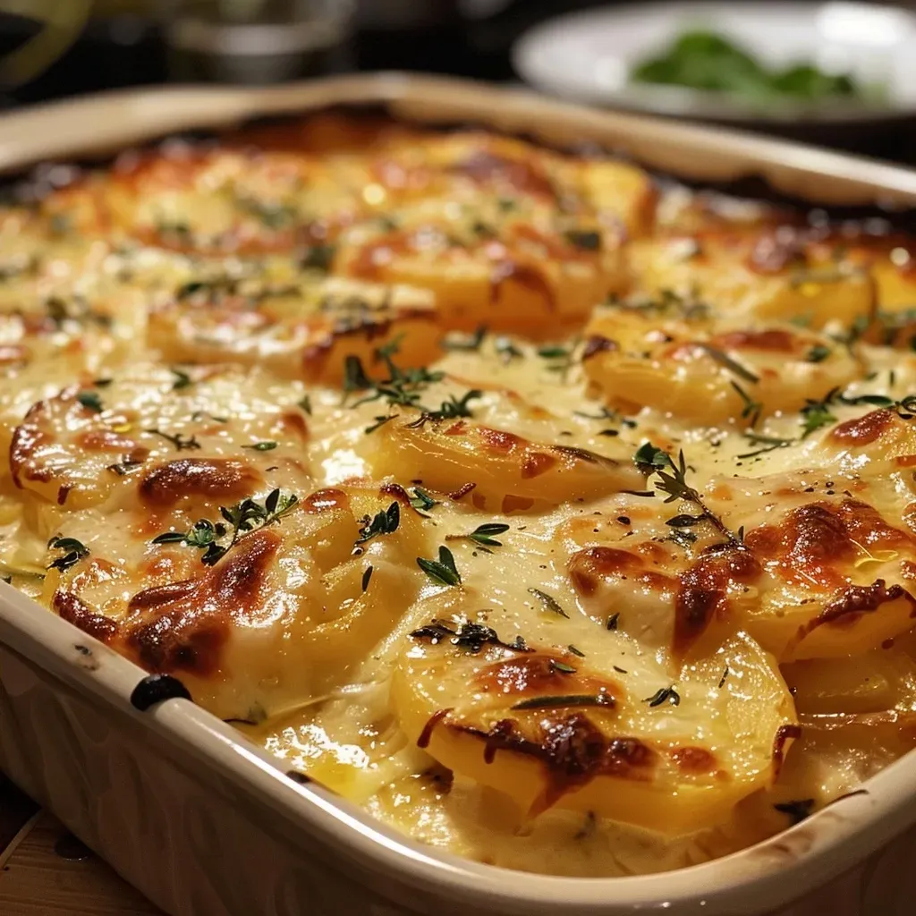 Close-up view of a creamy Hähnchen Kartoffel Gratin, showcasing layers of chicken and potatoes.
