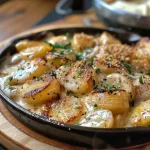 ['A close-up view of a savory chicken and potato skillet dish with creamy pasta.', 'Juicy diced chicken and golden potatoes in a pan, topped with herbs and served with rigatoni.', 'A delicious chicken and potato skillet meal, featuring rigatoni pasta and creamy sauce.', 'A side view of a flavorful chicken dish with potatoes and pasta, garnished with fresh parsley.']