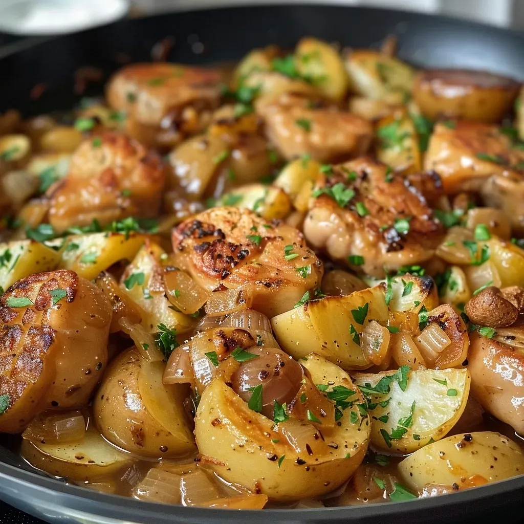 A close-up view of a savory chicken and potato skillet dish with creamy pasta.