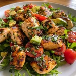 ['Close-up view of a juicy chicken salad with colorful vegetables and toppings.', 'Side angle photo of a vibrant chicken salad featuring fresh greens and avocado.', 'Detailed shot of a delicious chicken salad topped with feta cheese and cherry tomatoes.', 'Juicy chicken salad in a bowl, showcasing a variety of fresh ingredients.']