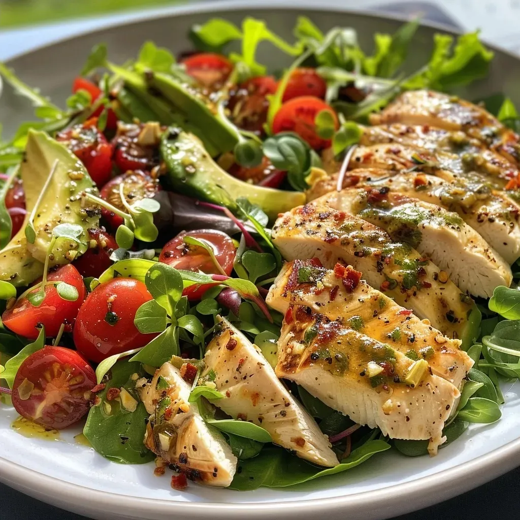 ['Close-up view of a juicy chicken salad with colorful vegetables and toppings.', 'Side angle photo of a vibrant chicken salad featuring fresh greens and avocado.', 'Detailed shot of a delicious chicken salad topped with feta cheese and cherry tomatoes.', 'Juicy chicken salad in a bowl, showcasing a variety of fresh ingredients.']