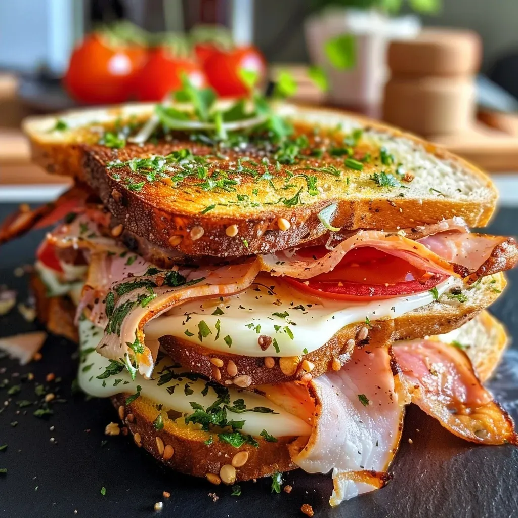 ['Close-up view of a juicy Hähnchen sandwich with fresh ingredients.', 'Side view of a delicious Hähnchen sandwich showcasing layers of chicken and vegetables.', 'Detailed image of a Hähnchen sandwich filled with grilled chicken, bacon, and lettuce.', 'Appetizing Hähnchen sandwich featuring vibrant tomatoes and a golden toasted bread exterior.']