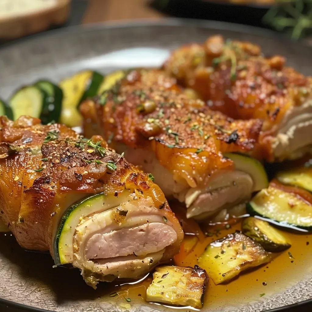 ['Juicy chicken breast in creamy cheese sauce with bell peppers and zucchini, viewed from the side.', 'Close-up of baked chicken in fresh cheese sauce garnished with red and orange peppers and zucchini.', 'Side view of a succulent chicken breast dish featuring fresh vegetables in a creamy sauce.', 'Deliciously prepared Hähnchenbrust with vibrant peppers and zucchini in a rich cheese sauce.']