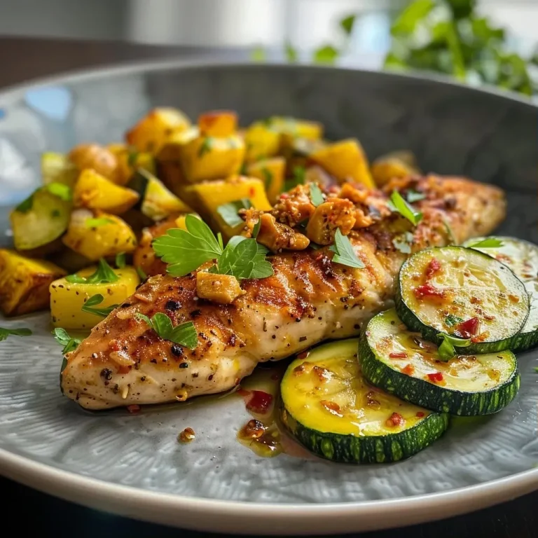 ['Close-up view of a low-carb chicken and vegetable skillet, showcasing colorful ingredients.', 'Juicy chicken breast pieces mixed with vibrant vegetables in a skillet, highlighting a healthy meal.', 'Side view of a delicious Hähnchenpfanne with zucchini, bell peppers, and broccoli in an inviting presentation.', 'Freshly cooked chicken and sautéed vegetables arranged in a pan, emphasizing a nutritious dish.']