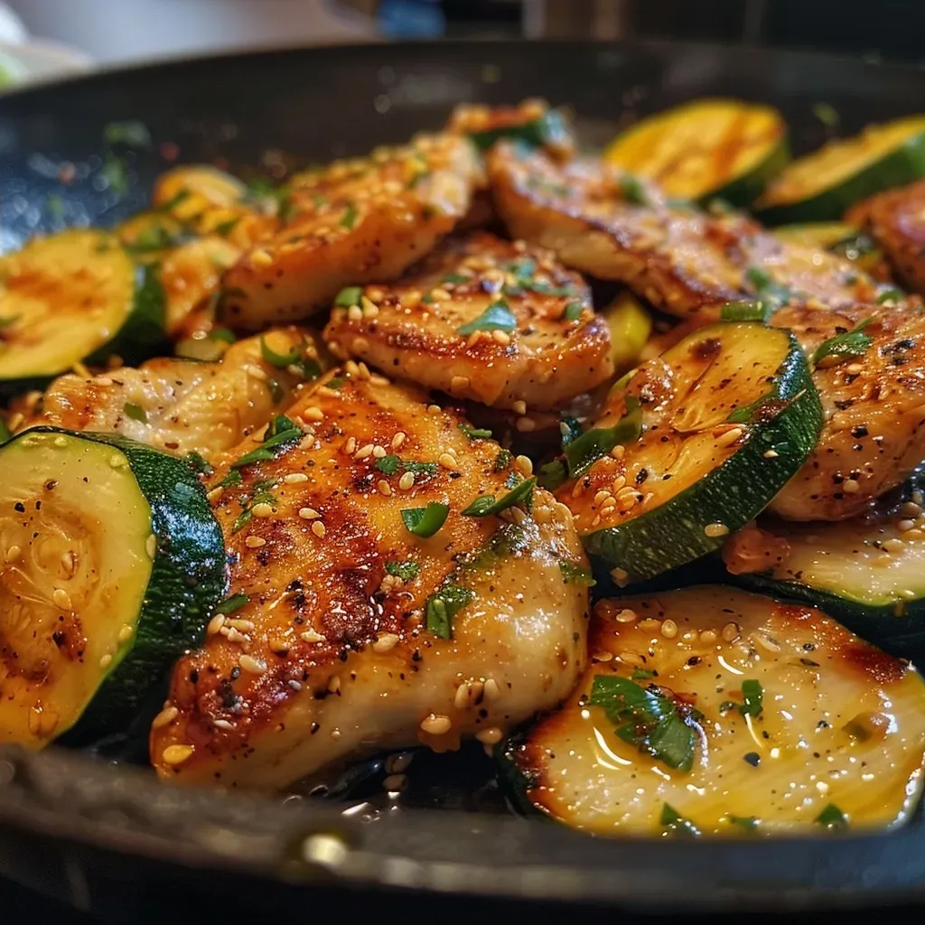 Close-up of a colorful chicken stir-fry with vegetables.