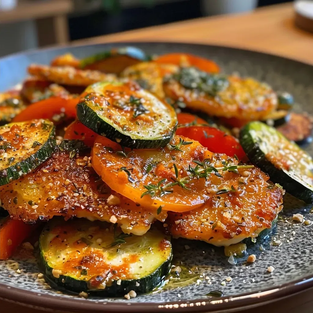 Close-up view of a low-carb chicken and vegetable skillet, showcasing colorful ingredients.