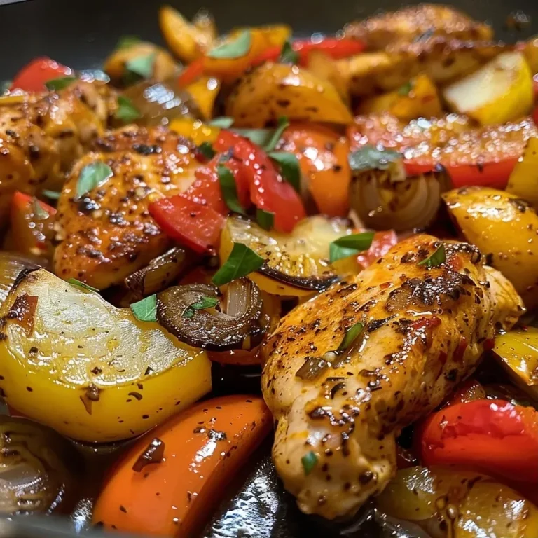 ['Juicy chicken stir-fry with colorful bell peppers and onions.', 'Close-up of a chicken and vegetable dish featuring bell peppers and onions.', 'Sizzling Hähnchenpfanne with bright red, yellow, and green peppers.', 'A vibrant plate of chicken stir-fry with sliced onions and peppers.']