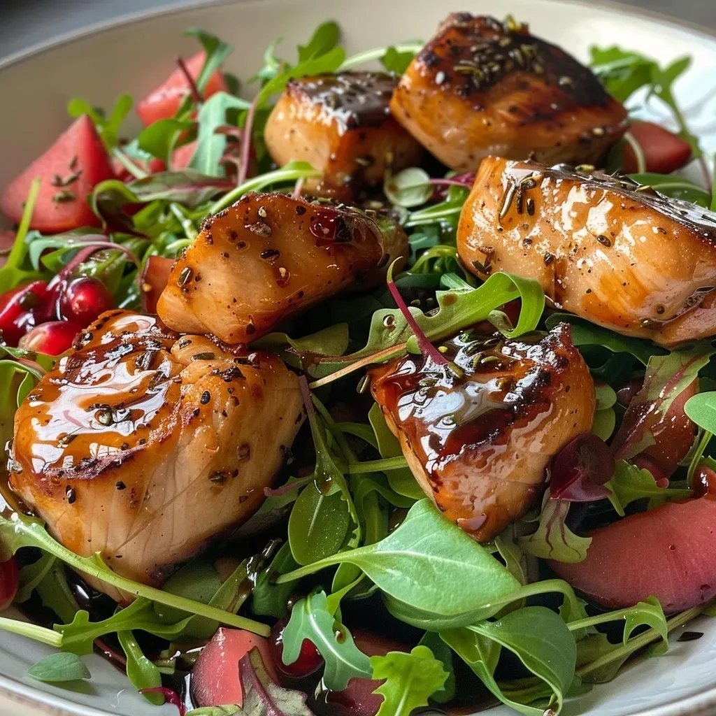 Juicy chicken salad with peaches and pecans in a close-up view.