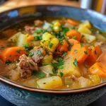 ['Close-up view of a hearty vegetable beef soup with visible chunks of vegetables and beef.', 'A delicious bowl of vegetable beef soup showcasing diced potatoes, carrots, and green beans.', 'Side view of savory beef soup filled with vibrant vegetables and a rich broth.', 'Close-up of a steaming bowl of flavorful vegetable beef soup with fresh ingredients.']