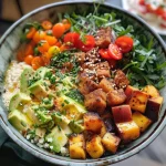 ['A colorful High Protein Couscous Bowl filled with various fresh ingredients.', 'Side view of a nutritious Couscous Bowl showcasing grilled chicken, vegetables, and toppings.', 'Close-up of a vibrant bowl of couscous mixed with greens, chickpeas, and avocado slices.', 'A well-presented High Protein Couscous Bowl featuring various healthy toppings and garnishes.']