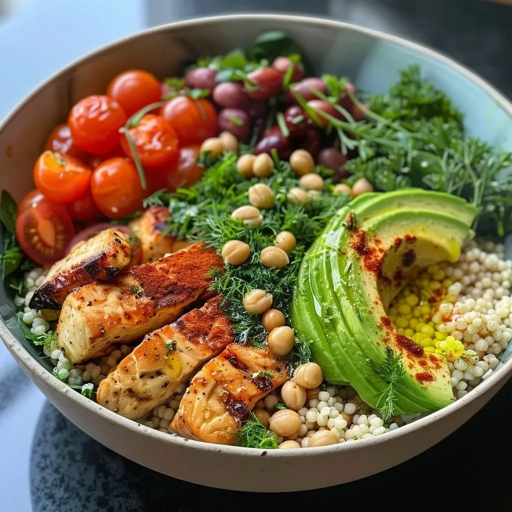 ['A colorful High Protein Couscous Bowl filled with various fresh ingredients.', 'Side view of a nutritious Couscous Bowl showcasing grilled chicken, vegetables, and toppings.', 'Close-up of a vibrant bowl of couscous mixed with greens, chickpeas, and avocado slices.', 'A well-presented High Protein Couscous Bowl featuring various healthy toppings and garnishes.']