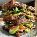 ['Juicy high protein sandwich with layers of ingredients visible from the side.', 'Close-up side view of a colorful high protein sandwich stacked with avocados, turkey, and cheese.', 'Side angle of a vibrant high protein sandwich showcasing fresh vegetables and protein-rich fillings.', 'Detailed close-up of a sandwich filled with turkey, cheese, and veggies on multi-grain bread.']