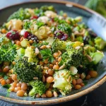['Close-up view of a vibrant roasted broccoli salad with lentils and cranberries.', 'Side view of a colorful broccoli salad featuring sunflower seeds and tahini dressing.', 'Detailed image of a high-protein broccoli salad with fresh parsley and lemon juice.', 'Close-up of a healthy roasted broccoli dish showcasing its textures and ingredients.']